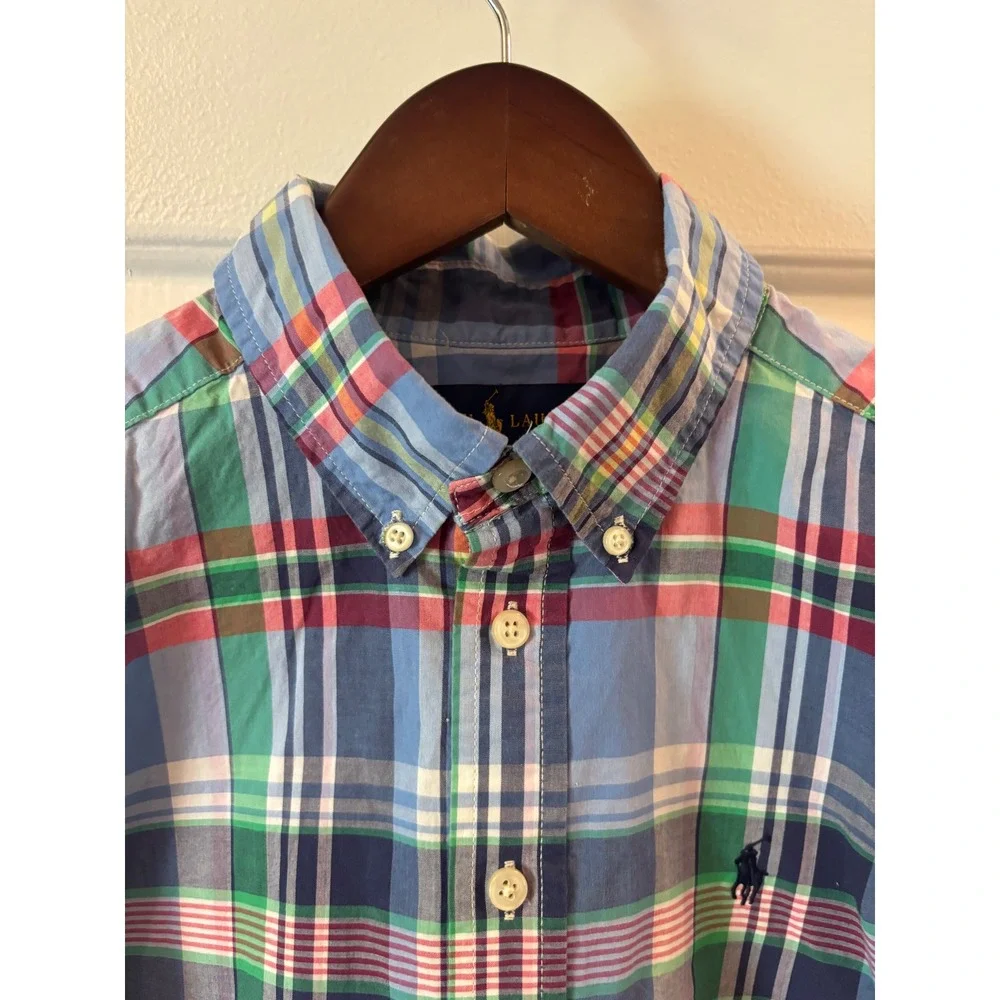 Ralph Lauren Boys Blue Green Plaid Button Down Shirt Size M 10-12 Cotton Pony